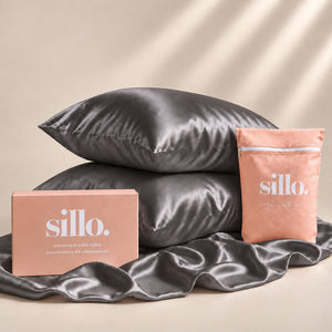 Sillo Charcoal Grey Silk Pillowcase 2 Pack Gift Set— Anti-Acne, Reduces Hair Frizz and Breakage, 22-Momme Grade 6A Organic Mulberry Silk Woven with Silver Ions, Includes 2 Silk Pillowcases and Sillo Care Washbag