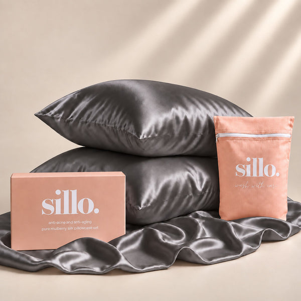 Sillo Charcoal Grey Silk Pillowcase 2 Pack Gift Set— Anti-Acne, Reduces Hair Frizz and Breakage, 22-Momme Grade 6A Organic Mulberry Silk Woven with Silver Ions, Includes 2 Silk Pillowcases and Sillo Care Washbag