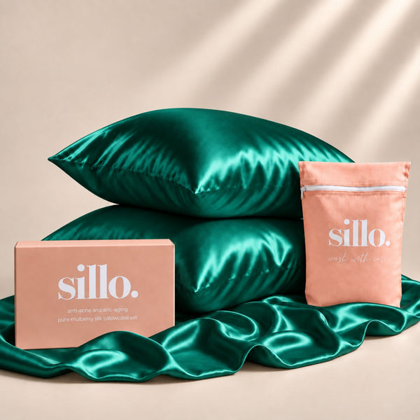 Sillo Emerald Silk Pillowcase 2 Pack Gift Set — Anti-Acne, Reduces Hair Frizz and Breakage, 22-Momme Grade 6A Organic Mulberry Silk Woven with Silver Ions, Includes 2 Silk Pillowcases and Sillo Care Washbag