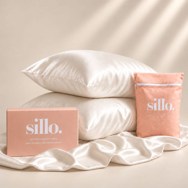 Sillo Ivory White Silk Pillowcase 2 Pack — Anti-Acne, Reduces Hair Frizz and Breakage, 22-Momme Grade 6A Organic Mulberry Silk Woven with Silver Ions, Gift set Includes 2 Silk Pillowcases and Sillo Care Washbag