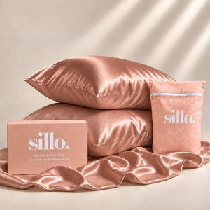 Sillo Rose Pink Silk Pillowcase 2 Pack Gift Set— Anti-Acne, Reduces Hair Frizz and Breakage, 22-Momme Grade 6A Organic Mulberry Silk Woven with Silver Ions, Includes 2 Silk Pillowcases and Sillo Care Washbag