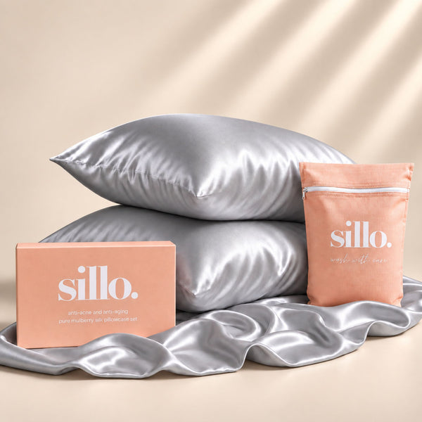 Sillo Silver Silk Pillowcase 2 Pack Gift Set— Anti-Acne, Reduces Hair Frizz and Breakage, 22-Momme Grade 6A Organic Mulberry Silk Woven with Silver Ions, Includes 2 Silk Pillowcases and Sillo Care Washbag