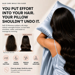 Sillo Haze Blue Silk Pillowcase, Less Friction. Smoother Mornings. Soft silk helps reduce overnight friction leaving hair smoother, softer and easier to manage. Benefits: Less Breakage, Fewer Tangles, Frizz Control, Moisture Retention.