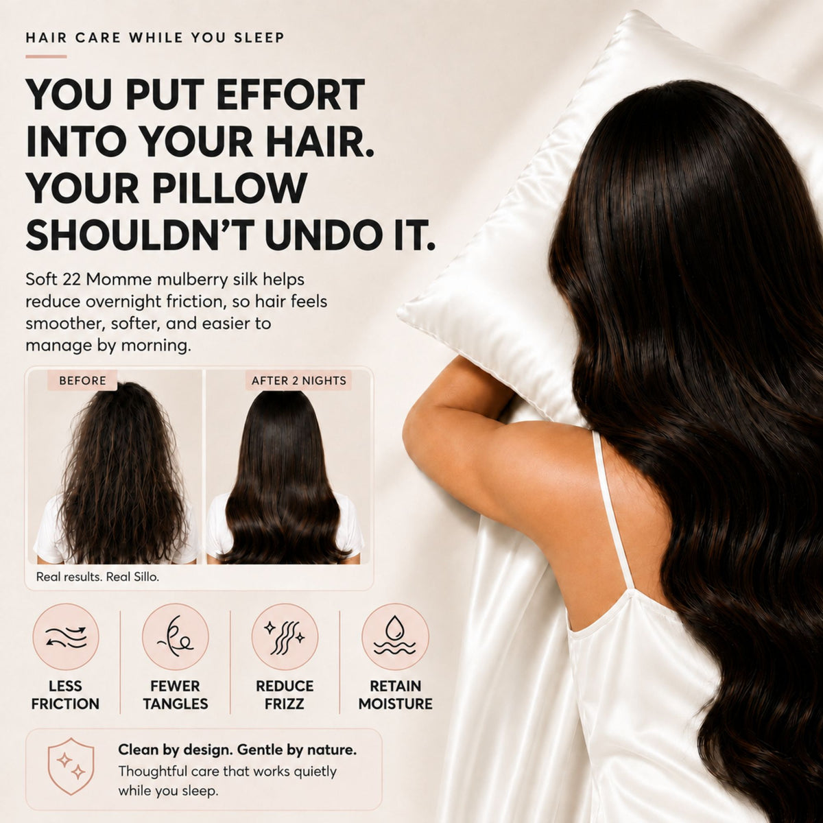 Sillo Ivory White Silk Pillowcase, Less Friction. Smoother Mornings. Soft silk helps reduce overnight friction leaving hair smoother, softer and easier to manage. Benefits: Less Breakage, Fewer Tangles, Frizz Control, Moisture Retention.