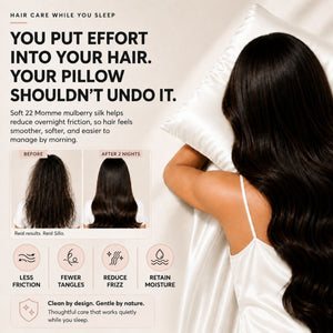 Sillo Ivory White Silk Pillowcase, Less Friction. Smoother Mornings. Soft silk helps reduce overnight friction leaving hair smoother, softer and easier to manage. Benefits: Less Breakage, Fewer Tangles, Frizz Control, Moisture Retention.