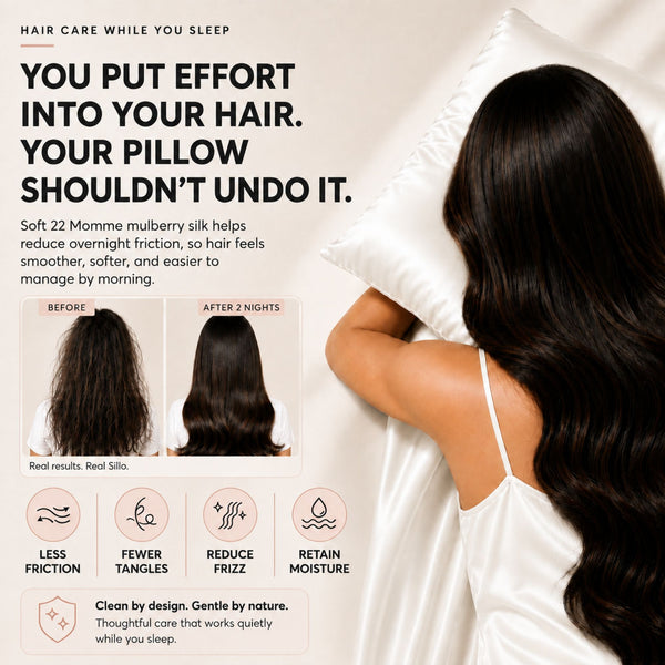 Sillo Ivory White Silk Pillowcase, Less Friction. Smoother Mornings. Soft silk helps reduce overnight friction leaving hair smoother, softer and easier to manage. Benefits: Less Breakage, Fewer Tangles, Frizz Control, Moisture Retention.