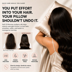 Sillo Light Champagne Silk Pillowcase Less Friction. Smoother Mornings. Soft silk helps reduce overnight friction leaving hair smoother, softer and easier to manage. Benefits: Less Breakage, Fewer Tangles, Frizz Control, Moisture Retention.