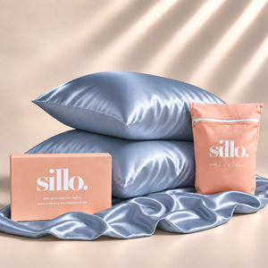 Sillo Haze Blue Silk Pillowcase 2 Pack Gift Set — Anti-Acne, Reduces Hair Frizz and Breakage, 22-Momme Grade 6A Organic Mulberry Silk Woven with Silver Ions, Includes 2 Silk Pillowcases and Sillo Care Washbag