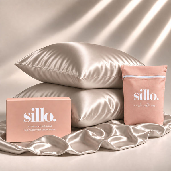 Sillo Light Champagne Silk Pillowcase 2 Pack Gift Set — Anti-Acne, Reduces Hair Frizz and Breakage, 22-Momme Grade 6A Organic Mulberry Silk Woven with Silver Ions, Includes 2 Silk Pillowcases and Sillo Care Washbag