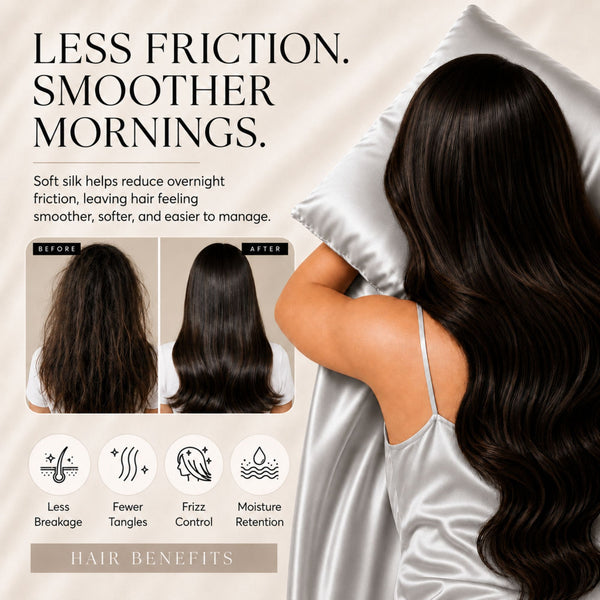 Sillo Silver Silk Pillowcase, Less Friction. Smoother Mornings. Soft silk helps reduce overnight friction leaving hair smoother, softer and easier to manage. Benefits: Less Breakage, Fewer Tangles, Frizz Control, Moisture Retention.