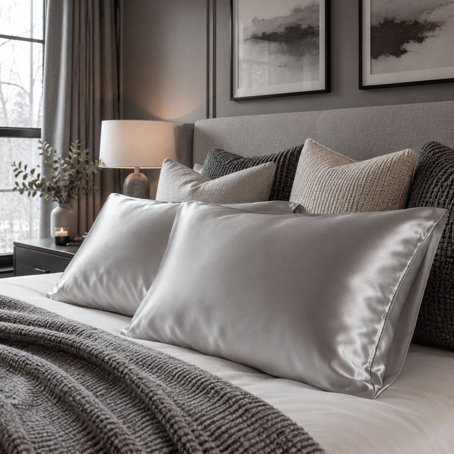 Two silver Sillo silk pillowcases made from 22 momme mulberry silk with silver ions, and envelope closure. The silk pillowcases are in styled bedroom setting, surrounded by neutral-toned pillows, a textured gray knit blanket, a bedside lamp, and framed wall art.