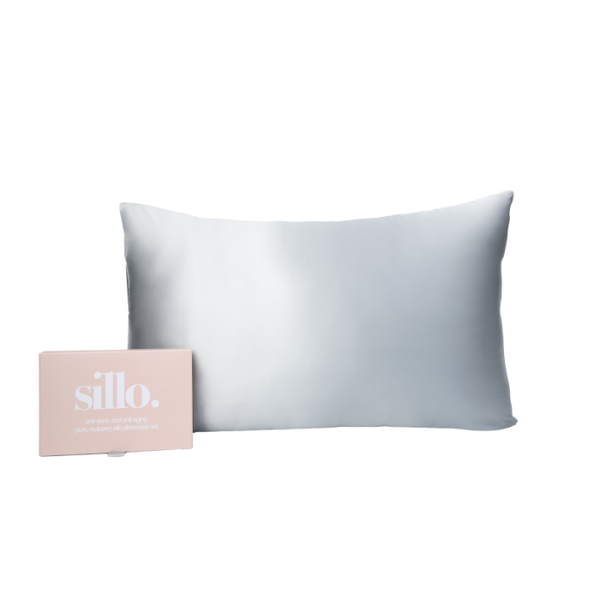 Silver Sillo silk pillowcase set of 2 with Sillo Care Washbag — 22-Momme 6A grade organic Mulberry silk for acne-prone, sensitive skin and frizz-free hair; cooling, temperature-regulating, hypoallergenic, eco-friendly.