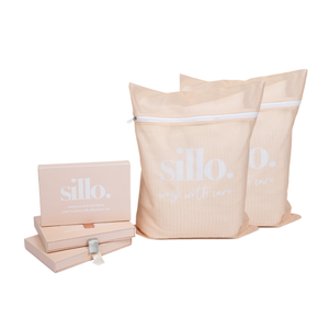 Sillo Care 2-Pack delicate laundry bags — premium mesh wash bags with strong zippers to protect lingerie, bras, baby clothing, socks, and activewear. Prevents snagging, keeps fabrics fresh at home or while traveling.
