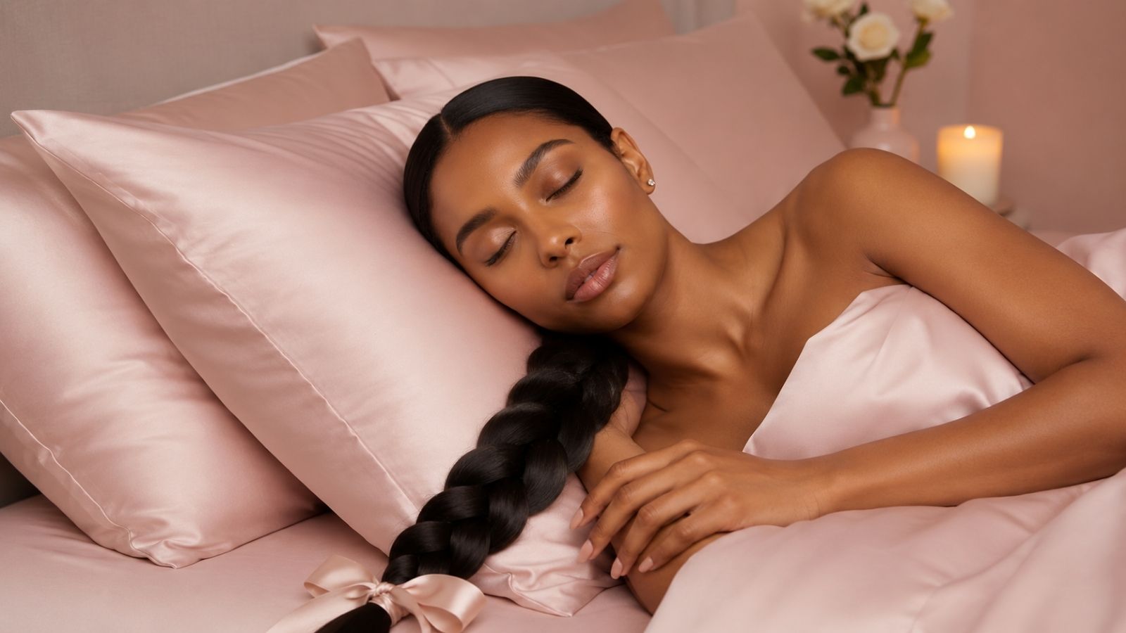 Women sleeping on blush pink Sillo mulberry silk pillowcase 2 pack  with a mixed woman relaxing in bed reduces frizz breakage smoother hair. 