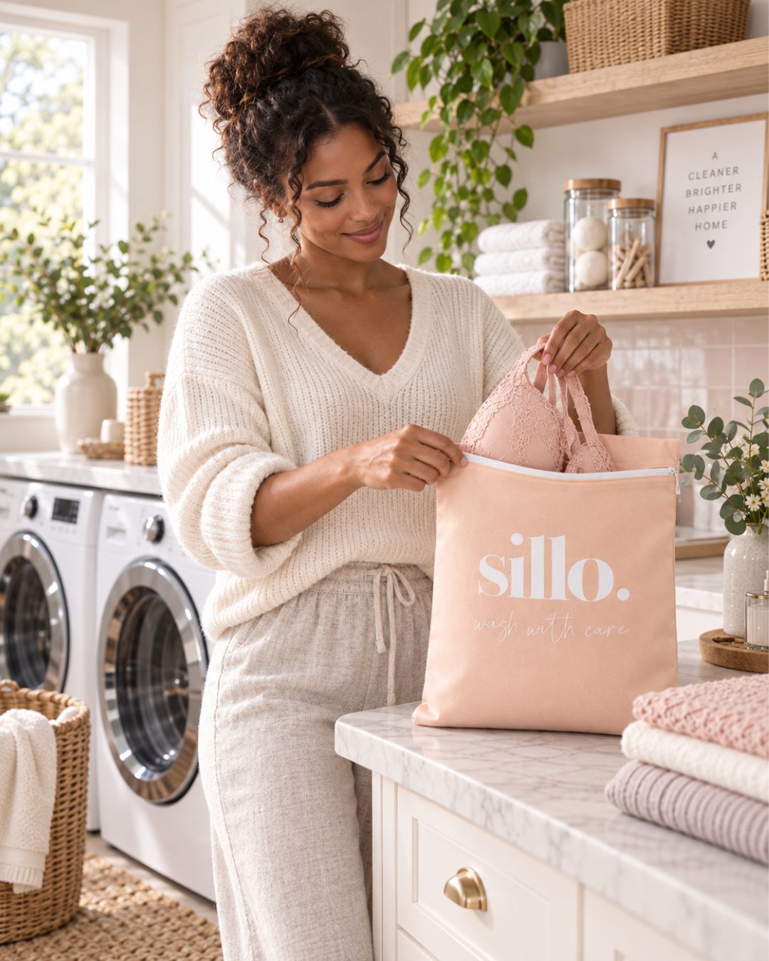 A women places laces, bras, and delicates into a Sillo Care mesh laundry wash bag to protect delicates in the washing machine. 