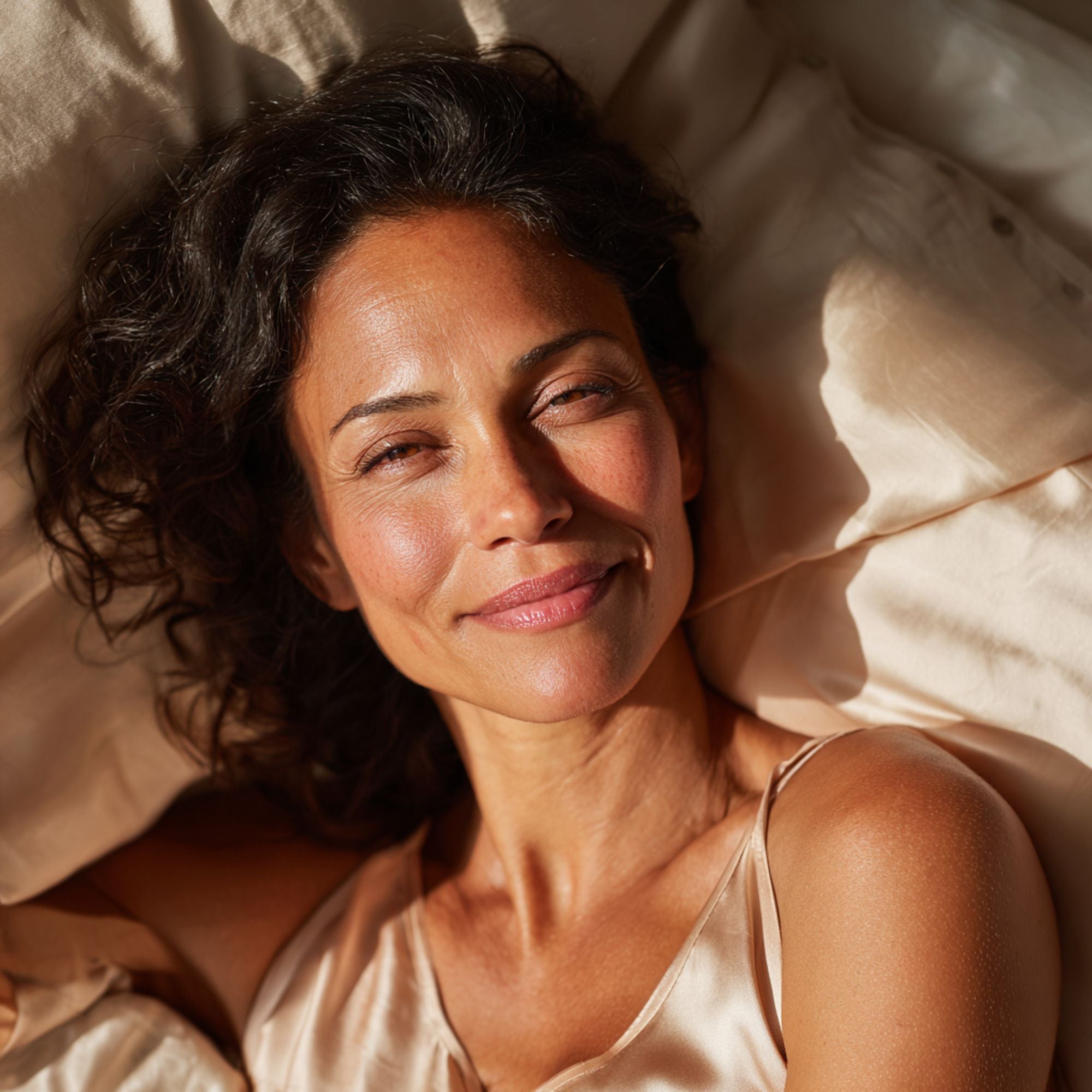 Woman waking up on the Sillo silk pillowcase an anti-aging, hypoallergenic 22 Momme mulberry silk pillowcase that helps prevent sleep lines, smooth wrinkles, and support youthful, firmer skin.