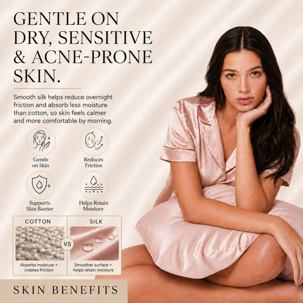 Sillo Blush Pink Silk Pillowcase, Gentle on Sensitive Skin. Soft, low-friction 22 momme mulberry silk designed for delicate, acne-prone skin. Benefits: Gentle on Skin, Reduces Friction, Supports Skin Barrier, Maintains Moisture.
