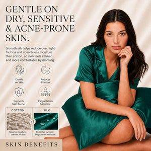 Sillo Emerald Green Silk Pillowcase , Gentle on Sensitive Skin. Soft, low-friction 22 momme mulberry silk designed for delicate, acne-prone skin. Benefits: Gentle on Skin, Reduces Friction, Supports Skin Barrier, Maintains Moisture.