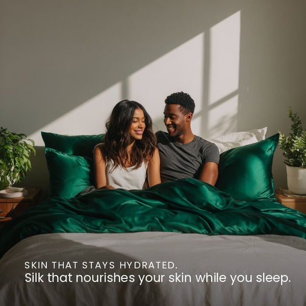 Emerald Green Sillo silk pillowcase styled on bed in modern bedroom; 22-Momme Mulberry silk woven with silver ions for acne-prone, sensitive skin and hot sleepers seeking cool, temperature-regulating, wrinkle-reducing sleep.