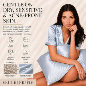 Sillo Haze Blue Silk Pillowcase, Gentle on Sensitive Skin. Soft, low-friction 22 momme mulberry silk designed for delicate, acne-prone skin. Benefits: Gentle on Skin, Reduces Friction, Supports Skin Barrier, Maintains Moisture.
