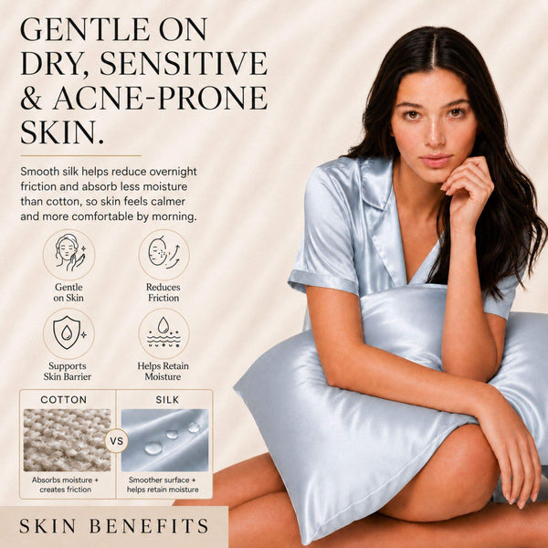 Sillo Haze Blue Silk Pillowcase, Gentle on Sensitive Skin. Soft, low-friction 22 momme mulberry silk designed for delicate, acne-prone skin. Benefits: Gentle on Skin, Reduces Friction, Supports Skin Barrier, Maintains Moisture.