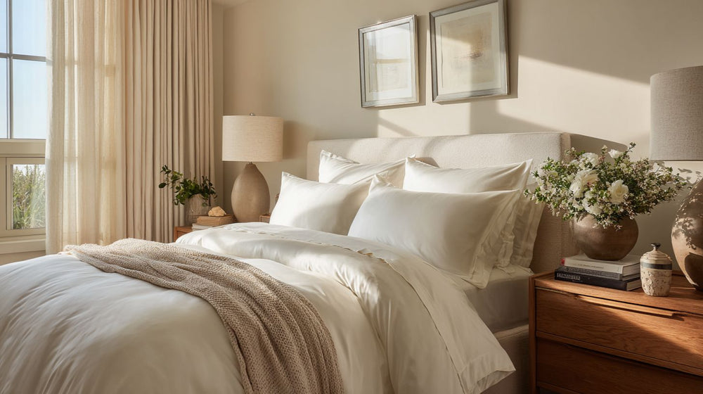 A tranquil, sunlit bedroom styled with the Sillo ivory white silk pillowcase, crafted from 22 Momme 6A-grade organic mulberry silk. Naturally hypoallergenic and anti-acne, it helps prevent breakouts and smooths hair while adding timeless elegance, purity, and a calm, restorative energy to the space.