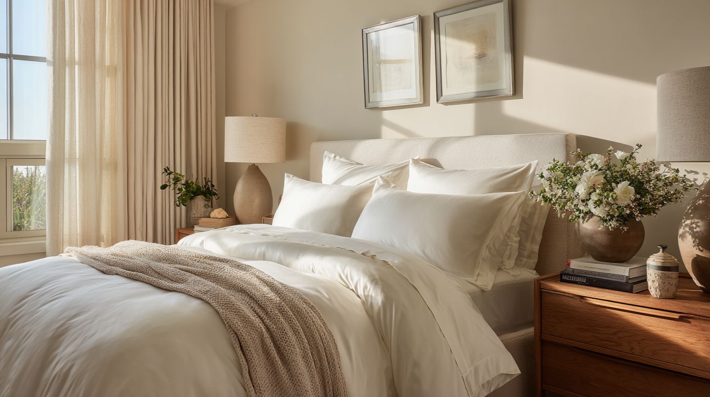 A tranquil, sunlit bedroom styled with the Sillo ivory white silk pillowcase, crafted from 22 Momme 6A-grade organic mulberry silk. Naturally hypoallergenic and anti-acne, it helps prevent breakouts and smooths hair while adding timeless elegance, purity, and a calm, restorative energy to the space.