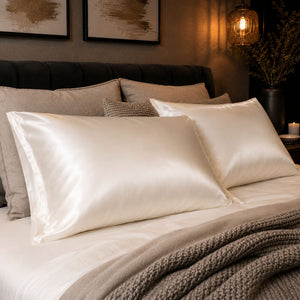 A styled bed in a softly lit bedroom featuring two queen size ivory white Sillo silk pillowcases 22 momme mulberry silk  woven with silver ions and with envelope closure. 