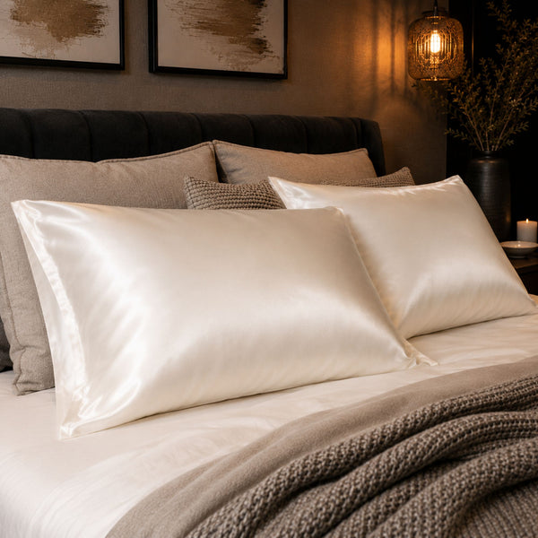 A styled bed in a softly lit bedroom featuring two queen size ivory white Sillo silk pillowcases 22 momme mulberry silk  woven with silver ions and with envelope closure. 