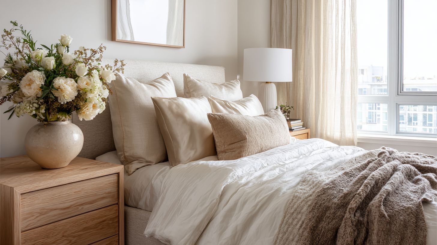 A tranquil, light-filled bedroom featuring the Sillo light champagne silk pillowcase, crafted from 22 Momme 6A-grade organic mulberry silk. Naturally hypoallergenic and anti-acne, it helps prevent breakouts and reduces hair frizz and breakage, bringing a calming, sophisticated warmth to the room.