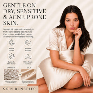 Sillo Light Champagne Silk Pillowcase  Gentle on Sensitive Skin. Soft, low-friction 22 momme mulberry silk designed for delicate, acne-prone skin. Benefits: Gentle on Skin, Reduces Friction, Supports Skin Barrier, Maintains Moisture.