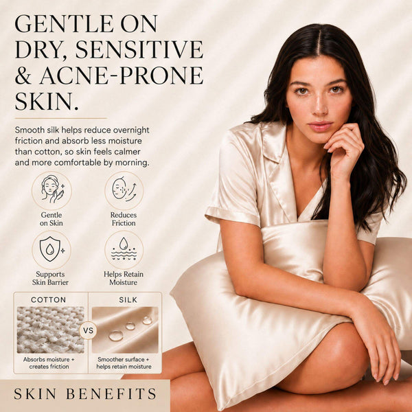 Sillo Light Champagne Silk Pillowcase  Gentle on Sensitive Skin. Soft, low-friction 22 momme mulberry silk designed for delicate, acne-prone skin. Benefits: Gentle on Skin, Reduces Friction, Supports Skin Barrier, Maintains Moisture.