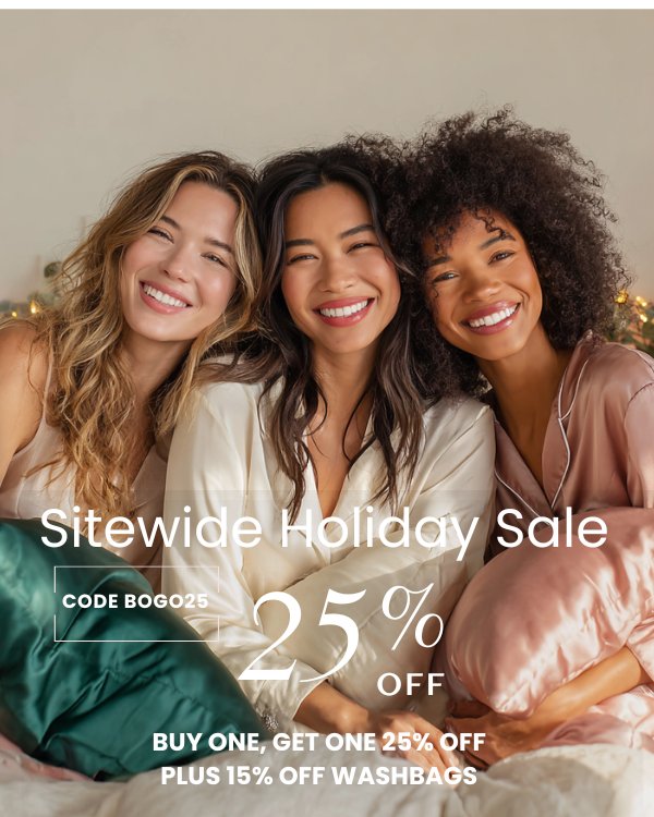 Models holding Sillo mulberry silk pillowcases in blush pink, ivory, and emerald green, highlighting luxurious silk bedding for glowing skin, healthy hair, and holiday gifting.