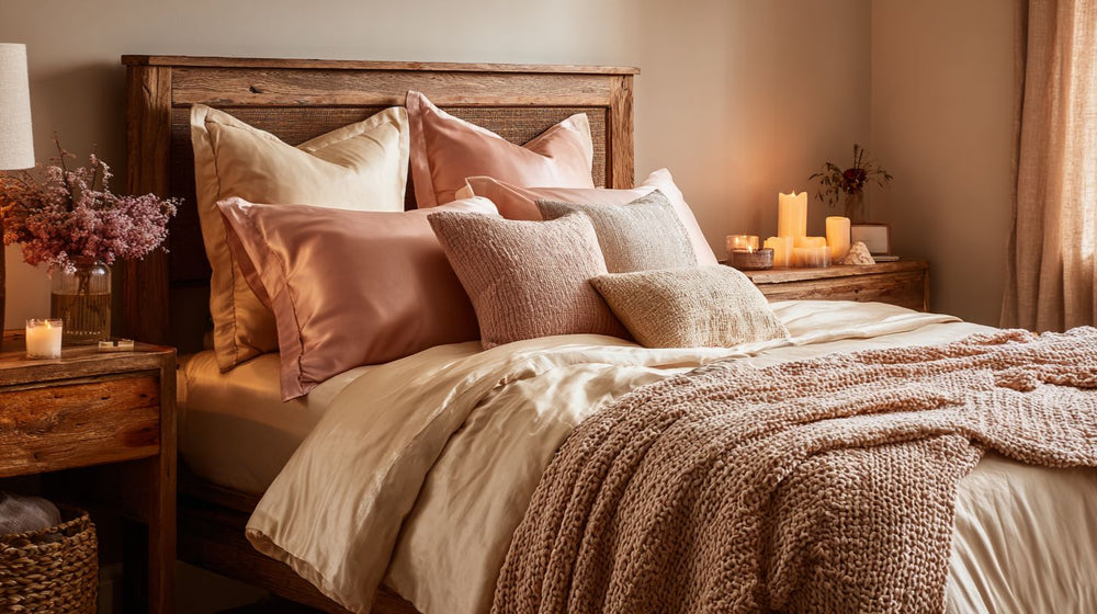 A warm, expressive bedroom styled with the Sillo rose pink silk pillowcase, crafted from 22 Momme 6A-grade organic mulberry silk. Naturally hypoallergenic and anti-acne, it supports clear skin and smooth, nourished hair while infusing the room with a soft, radiant glow and warm charm.