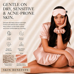 Sillo Rose Pink Silk Pillowcase, Gentle on Sensitive Skin. Soft, low-friction 22 momme mulberry silk designed for delicate, acne-prone skin. Benefits: Gentle on Skin, Reduces Friction, Supports Skin Barrier, Maintains Moisture.