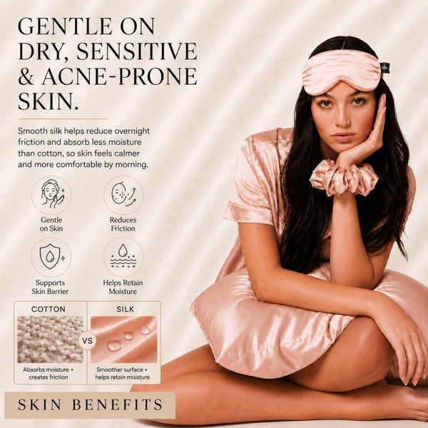 Sillo Rose Pink Silk Pillowcase, Gentle on Sensitive Skin. Soft, low-friction 22 momme mulberry silk designed for delicate, acne-prone skin. Benefits: Gentle on Skin, Reduces Friction, Supports Skin Barrier, Maintains Moisture.