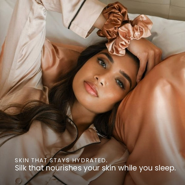 Lifestyle image of woman sleeping on Rose Pink Sillo silk pillowcase — smooth, temperature-regulating silk that helps prevent acne, wrinkles, frizz, breakage, while caring for sensitive skin.