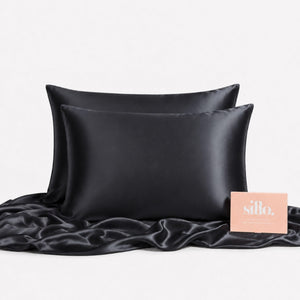 Sillo Black Silk Pillowcase 2 Pack — Includes 2 Silk Pillowcases and Sillo Care Washbag, 22-Momme Grade 6A Organic Mulberry Silk Woven with Silver Ions, Anti-Acne, Reduces Hair Frizz and Breakage
