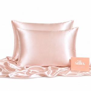 Sillo Blush Pink Silk Pillowcase 2 Pack — 22-Momme Grade 6A Organic Mulberry Silk Woven with Silver Ions, Anti-Acne, Reduces Hair Frizz and Breakage, Includes 2 Silk Pillowcases and Sillo Care Washbag