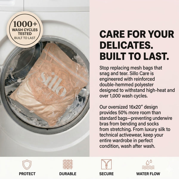 Built to Last Sillo Care mesh laundry bag for delicates tested for 1000 wash cycles protecting lingerie bras silk and activewear from wear and tear in the washing machine. 