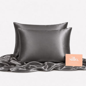 Sillo Charcoal Grey Silk Pillowcase 2 Pack — Reduces Hair Frizz and Breakage, Anti-Acne, Includes 2 Silk Pillowcases and Sillo Care Washbag, 22-Momme Grade 6A Organic Mulberry Silk Woven with Silver Ions