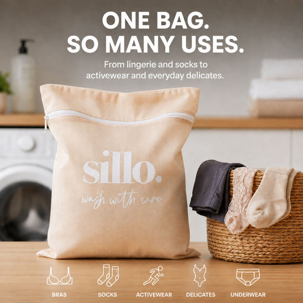 Sillo Care delicate laundry washbags 2 pack on a laundry counter with a basket of everyday delicates and benefit icons, mesh laundry bags for washing lingerie, bras, baby clothes, socks, sweaters and activewear, designed to prevent stretching, tangling and fabric damage.