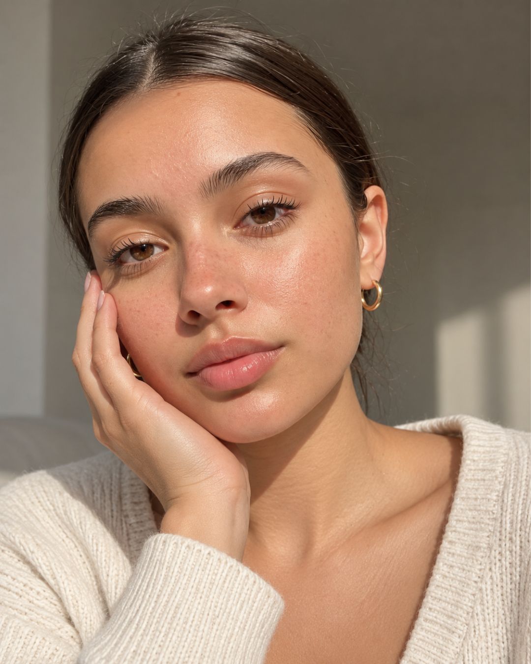 Woman with natural dry skin texture gently touching her cheek in soft natural light, representing skin that feels less dry in the morning after switching to a Sillo silk pillowcase.