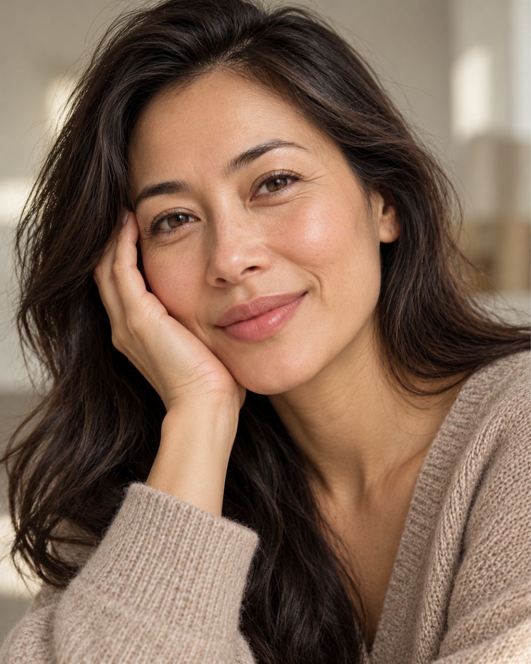 Woman in her 40s with natural skin texture and subtle fine lines, resting her face softly in her hand in warm natural light, representing more hydrated skin overnight and fewer fine lines from pillow creases after switching to a Sillo silk pillowcase.