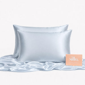 Sillo Haze Blue Silk Pillowcase 2 Pack — Anti-Acne, Reduces Hair Frizz and Breakage, Includes 2 Silk Pillowcases and Sillo Care Washbag, 22-Momme Grade 6A Organic Mulberry Silk Woven with Silver Ions