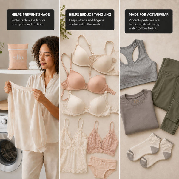 Sillo Care delicate laundry mesh wash bag benefits graphic preventing fabric snags, strap tangling and damage to activewear and lingerie in the washing machine, wash after wash.