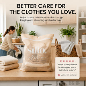Join the movement Sillo Care lingerie laundry wash bag for delicates with 4.4 star rating, shown in a bright laundry room protecting bras, socks and garments from snags and strap tangling, wash after wash.