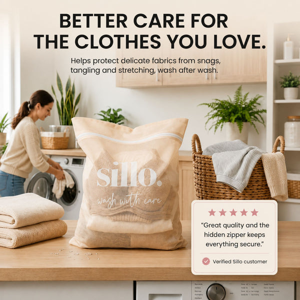 Join the movement Sillo Care lingerie laundry wash bag for delicates with 4.4 star rating, shown in a bright laundry room protecting bras, socks and garments from snags and strap tangling, wash after wash.