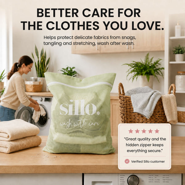 Join the movement Sillo Care lingerie laundry wash bag for delicates in pistachio color with 4.4 star rating, shown in a bright laundry room protecting bras, socks and garments from snags and strap tangling, wash after wash.