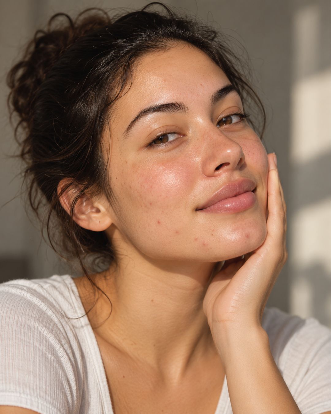 Woman with natural acne-prone skin, mild redness and visible skin texture in soft natural light, representing calmer, less irritated skin and fewer breakouts after switching to a Sillo silk pillowcase.